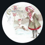 Sled Vintage Christmasの犬と少女 ラウンドシール<br><div class="desc">1912走年からヴィンテージのクリスマスポストカードに入った小さなスレッドで他の女の子を引っ張っている2人の女の子の横にある犬。</div>