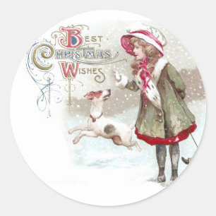 Sled Vintage Christmasの犬と少女 ラウンドシール