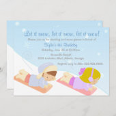 Sledding子供および雪のゲームの冬の誕生会 招待状 (正面/裏面)