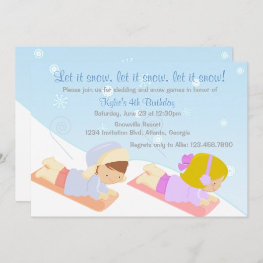 Sledding子供および雪のゲームの冬の誕生会 招待状 (正面/裏面)
