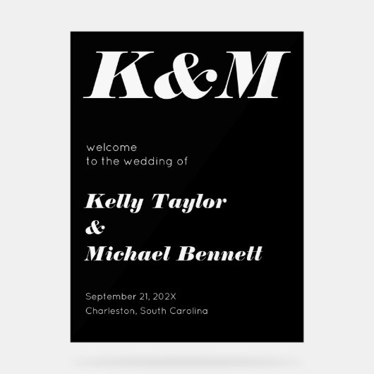 Sleek Black Welcome with Initials アクリルサイン (正面)