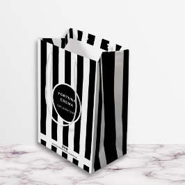 Sleek Black & White Stripes Small Business Brand ミディアムペーパーバッグ