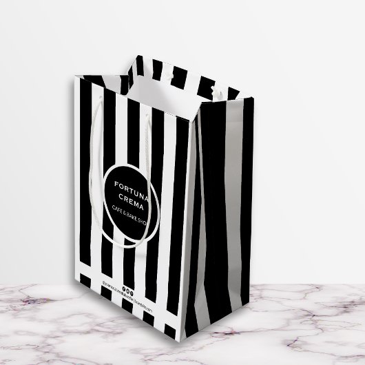 Sleek Black & White Stripes Small Business Brand ミディアムペーパーバッグ