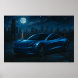 Sleek Electric Car Under Full Moon ポスター