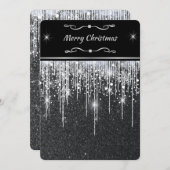 Sleek Minimalist Black Silver Sparkle Christmas シーズンカード (正面/裏面)