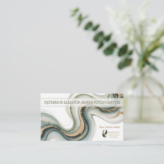 Sleek Sage Gold Marble Modern Realtor Logo QR Code 名刺 (スタンド正面)