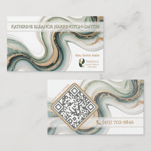 Sleek Sage Gold Marble Modern Realtor Logo QR Code 名刺 (正面/裏面)