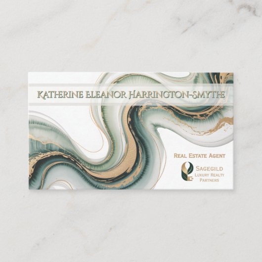 Sleek Sage Gold Marble Modern Realtor Logo QR Code 名刺 (正面)
