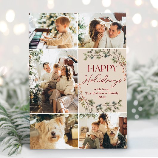 Sleek Soft Pink 5-Photo Cheerful Holiday Card シーズンカード