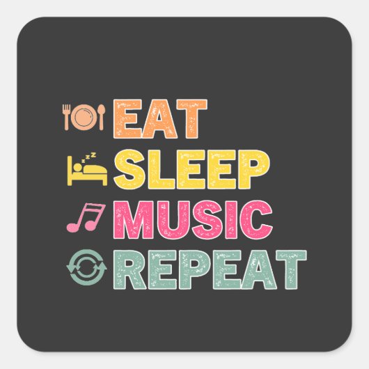 SLEEP 食べ MUSIC REPEAT かわいいレトロな音楽愛好家の スクエアシール (正面)
