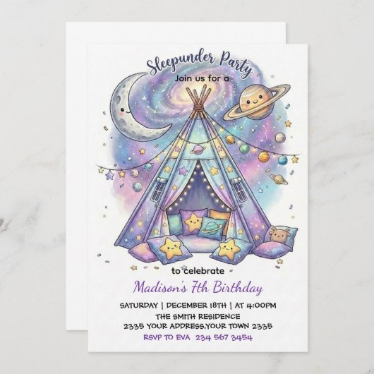 Sleep Under Cute Boho Sleepover Birthday Party 招待状 (正面/裏面)