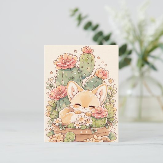 Sleeping Apricot Cactus Pot Fennec Fox ポストカード (スタンド正面)