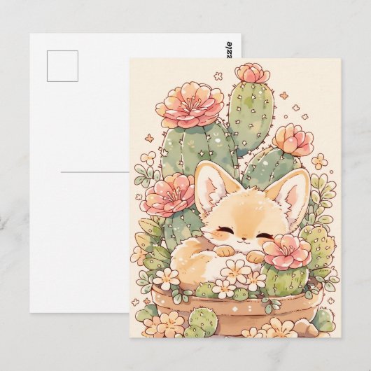 Sleeping Apricot Cactus Pot Fennec Fox ポストカード (正面/裏面)