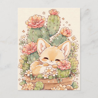Sleeping Apricot Cactus Pot Fennec Fox ポストカード