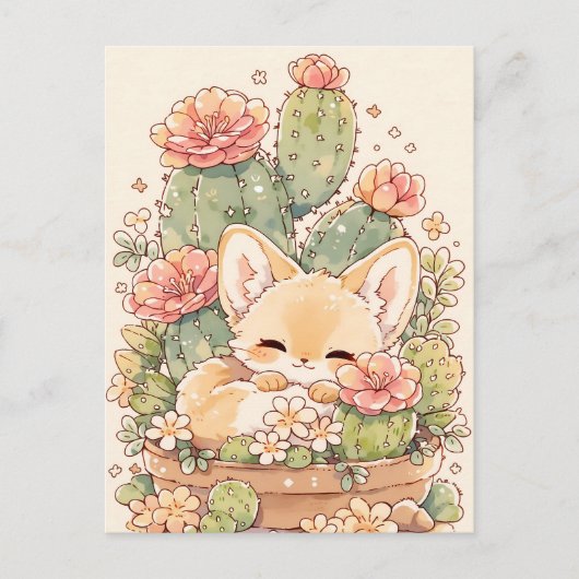 Sleeping Apricot Cactus Pot Fennec Fox ポストカード (正面)