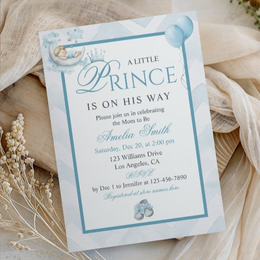 Sleeping Baby On Moon Blue Watercolor Baby Shower 招待状