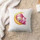 Sleeping Baby on the Moon Cushion | Cute Pink Drea クッション (ブランケット)