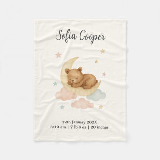 Sleeping Bear and Moon Birth Stats Baby Blanket フリースブランケット