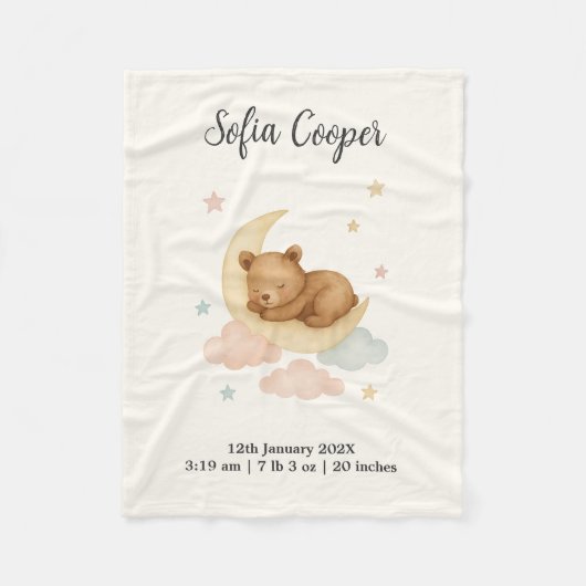 Sleeping Bear and Moon Birth Stats Baby Blanket フリースブランケット (正面)