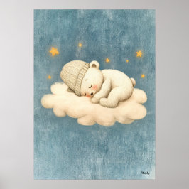Sleeping Bear Cloud Nursery Baby Illustration ポスター