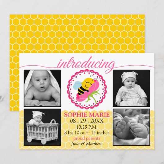 Sleeping Bee Baby Girl写真誕生のお知らせ 案内状 (正面/裏面)