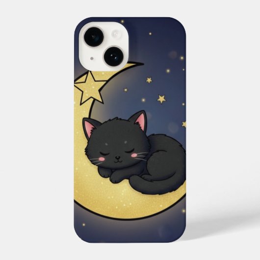 Sleeping Black Cat Gold Crescent Moon Celestial iPhoneケース (裏面)