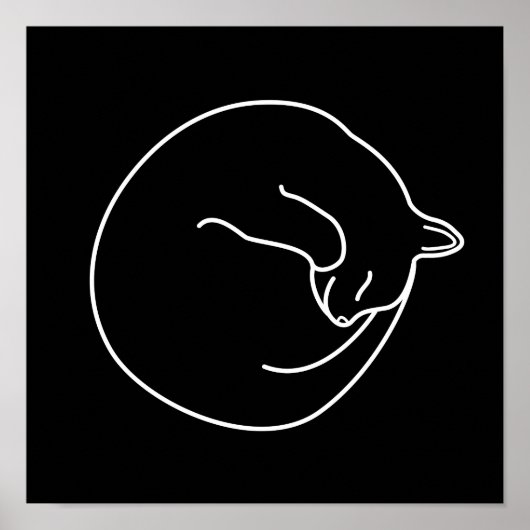 Sleeping Black Cat White on Black Print ポスター (正面)