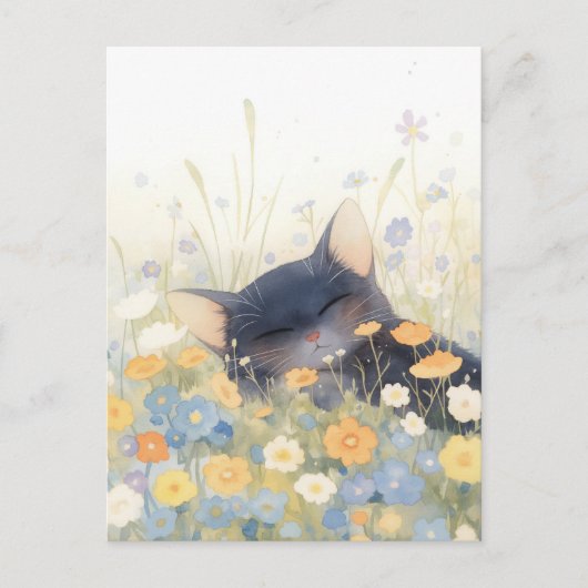 Sleeping Black Kitten in Wildflower Meadow ポストカード (正面)