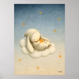 Sleeping Bunny Cloud Nursery Baby Illustration ポスター