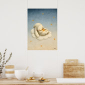 Sleeping Bunny Cloud Nursery Baby Illustration ポスター (キッチン)