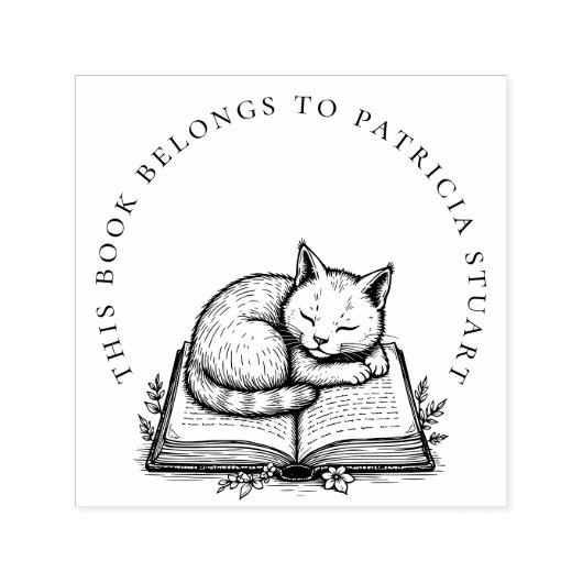 Sleeping Cat on Book Circular Name Ex Libris セルフインキングスタンプ (デザイン)