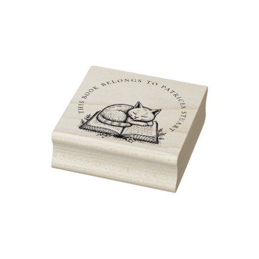 Sleeping Cat on Book Circular Name Ex Libris ラバースタンプ (スタンプ)