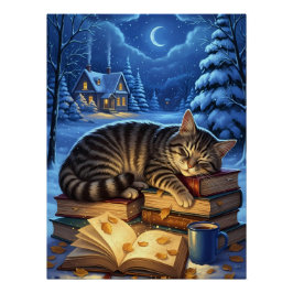 Sleeping Cat on Books Winter Night ポスター