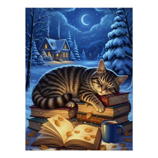 Sleeping Cat on Books Winter Night ポスター (正面)