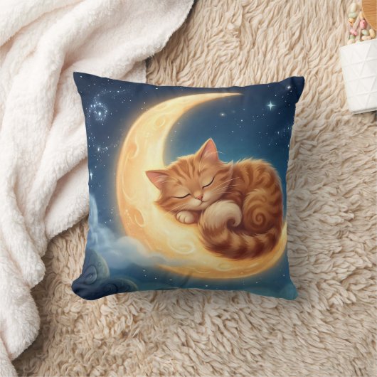 Sleeping Cat on Moon Nursery Throw Pillow クッション (ブランケット)