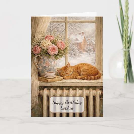 Sleeping Cat Winter Window カード (正面)