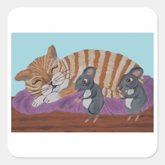 Sleeping Cat with Sneaky Mice スクエアシール (正面)