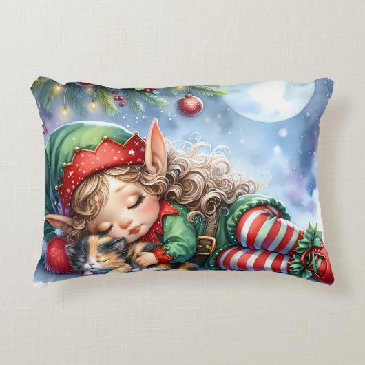 Sleeping Christmas Elf with Calico Kitten アクセントクッション (正面)