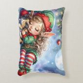 Sleeping Christmas Elf with Calico Kitten アクセントクッション (正面(垂直))