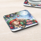 Sleeping Christmas Elf with Calico Kitten コースター (左側)