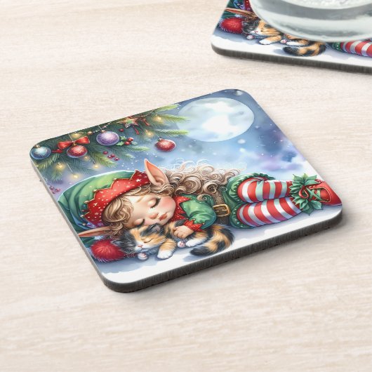 Sleeping Christmas Elf with Calico Kitten コースター (左側)