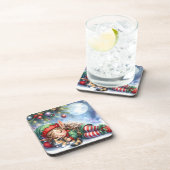 Sleeping Christmas Elf with Calico Kitten コースター (右側)