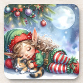 Sleeping Christmas Elf with Calico Kitten コースター (正面)