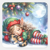 Sleeping Christmas Elf with Calico Kitten スクエアシール (正面)