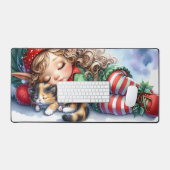 Sleeping Christmas Elf with Calico Kitten デスクマット (キーボード&マウス)