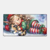 Sleeping Christmas Elf with Calico Kitten デスクマット (正面)