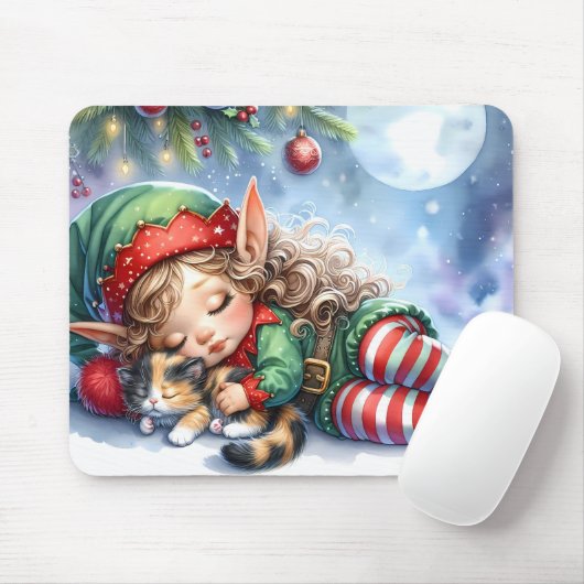 Sleeping Christmas Elf with Calico Kitten マウスパッド (マウス)