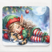 Sleeping Christmas Elf with Calico Kitten マウスパッド (正面)