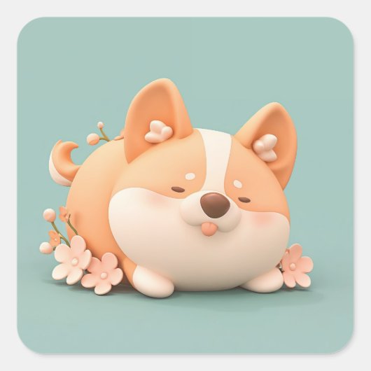 Sleeping Clay Corgi with Pink Blossom スクエアシール (正面)