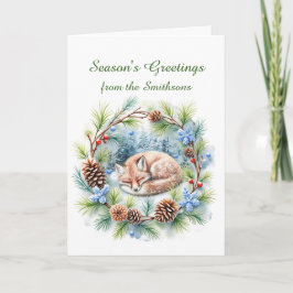Sleeping Fox in Winter Wreath Holiday カード